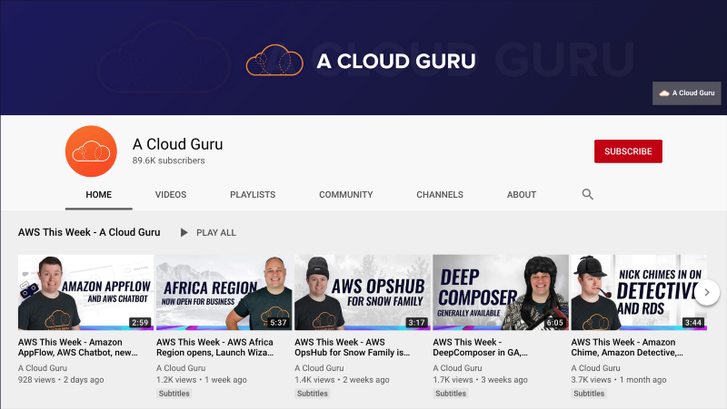 Capture d’écran de la chaîne YouTube de A Cloud Guru