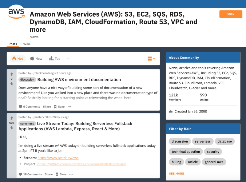 Aperçu du sub reddit dédié à AWS