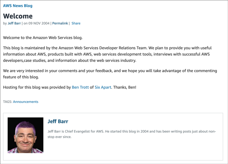 Le premier article du blog officiel d’AWS