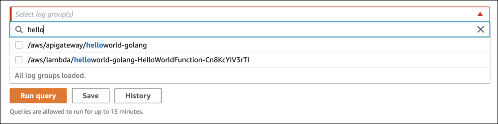 Les deux logs groups disponibles