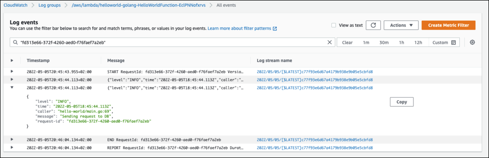 Logs détaillés en filtrant par request ID