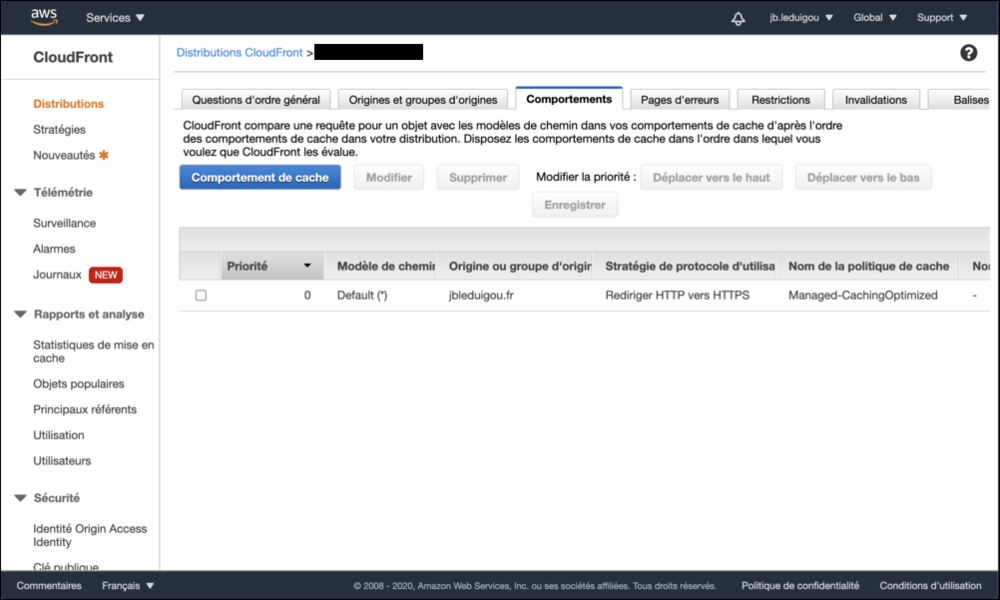 Page d’affichage des comportement dans CloudFront