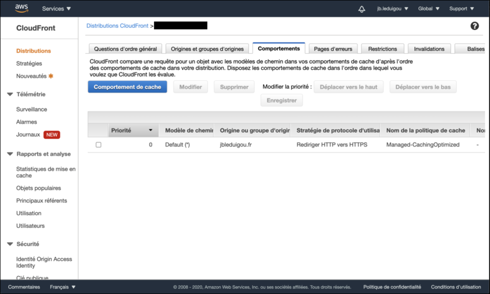 Page d&rsquo;affichage des comportement dans CloudFront