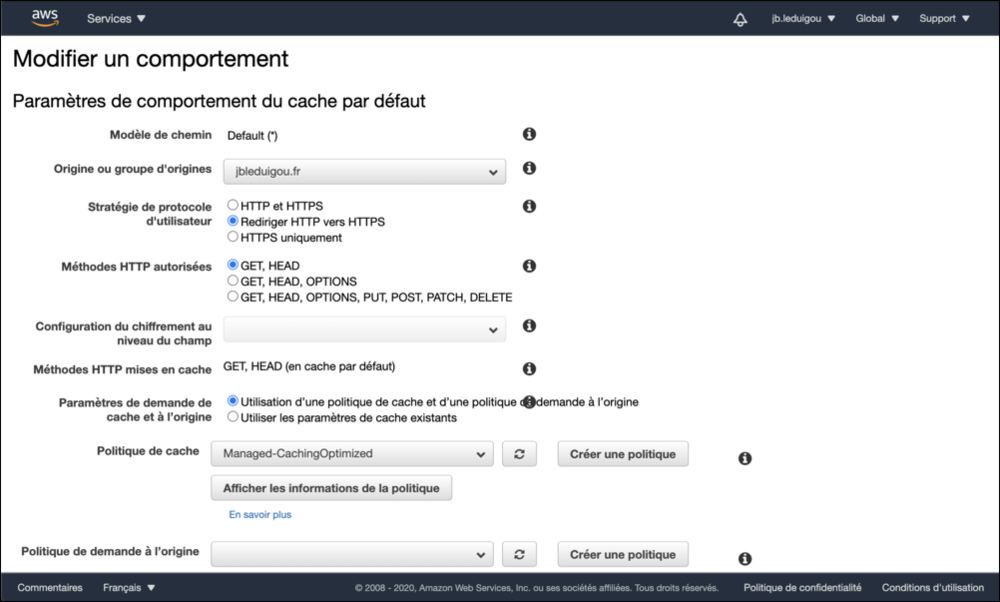 Page de gestion des comportement dans CloudFront