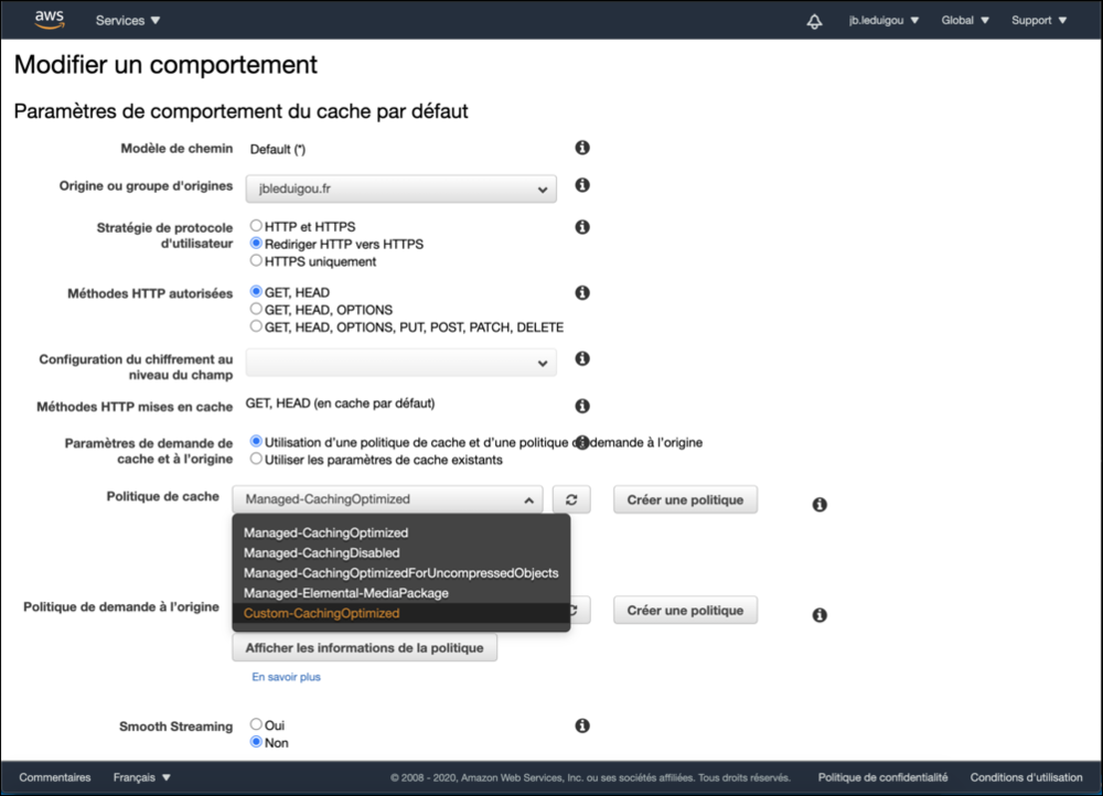 Page de gestion d’un comportement dans CloudFront