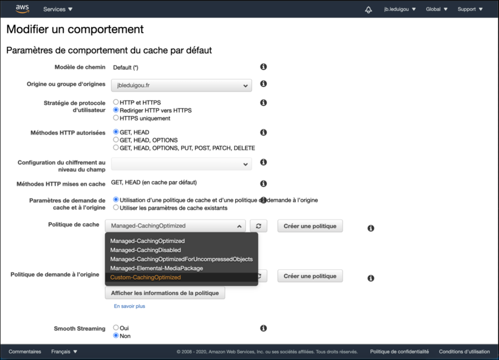 Page de gestion d&rsquo;un comportement dans CloudFront