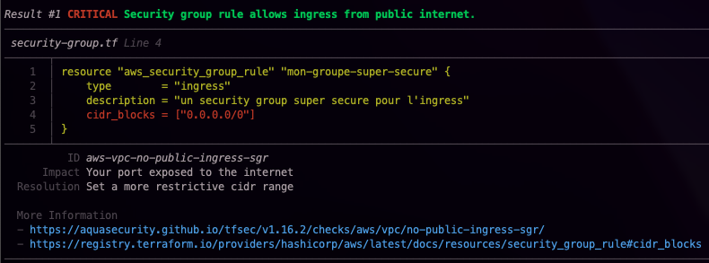 Exemple d&rsquo;avertissement remonté par tfsec